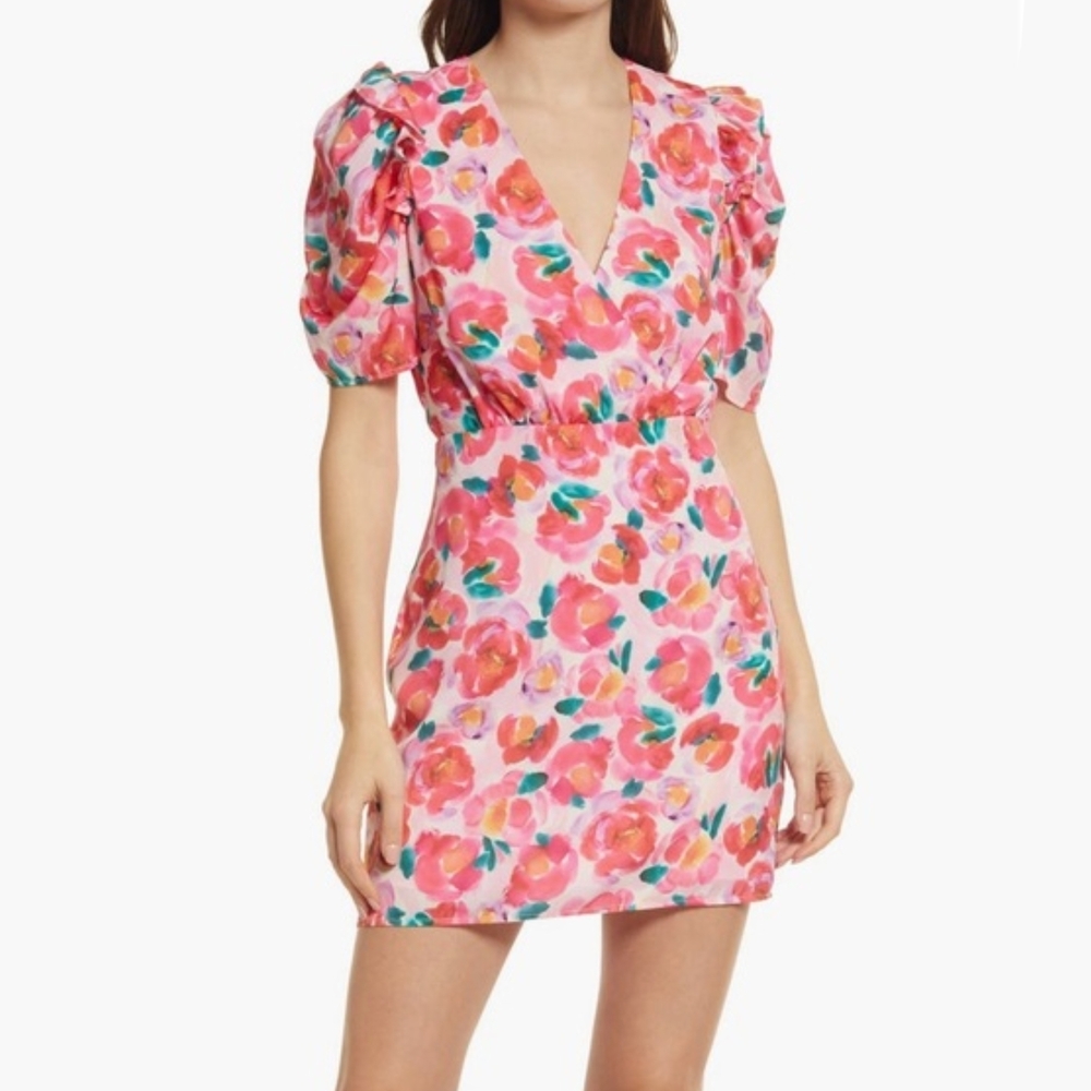 Adelyn Rae Red and Pink Sheath Midi Dress with Puff Cap Sleeves | Size XS